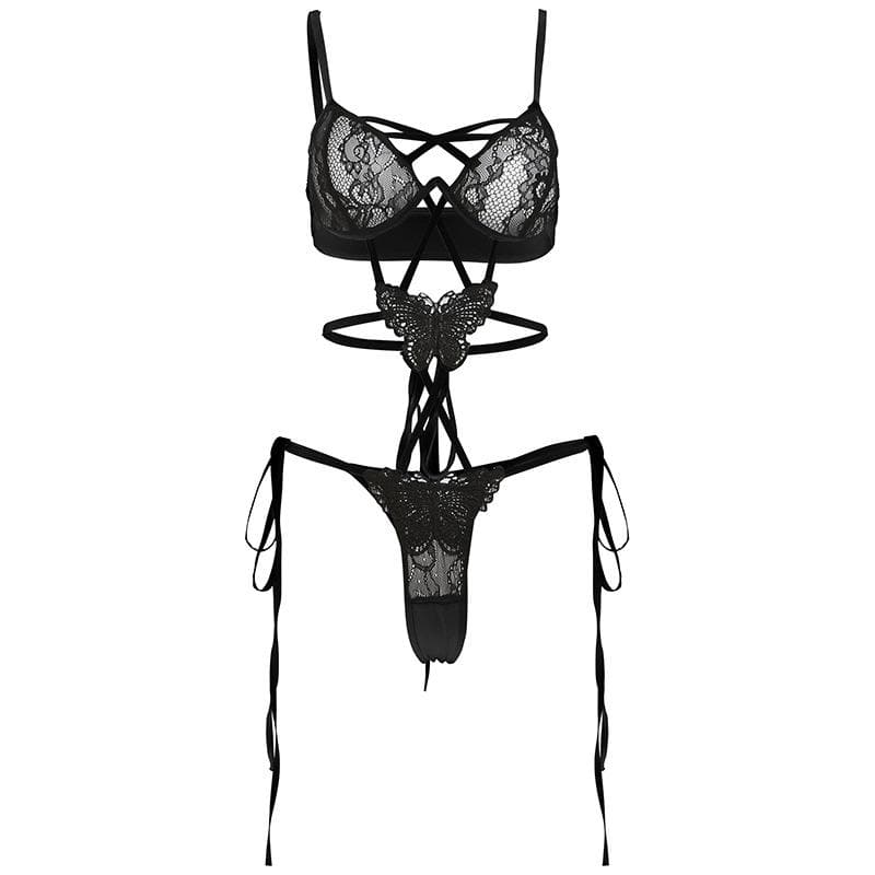 Lace butterfly pattern cross front hollow out cami bodysuit