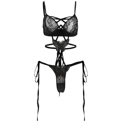 Lace butterfly pattern cross front hollow out cami bodysuit