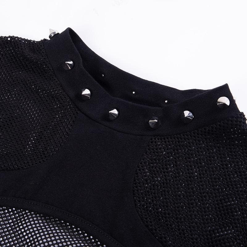 Fishnet patchwork hollow out short sleeve buckle cut out top