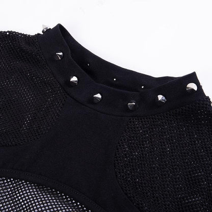 Fishnet patchwork hollow out short sleeve buckle cut out top
