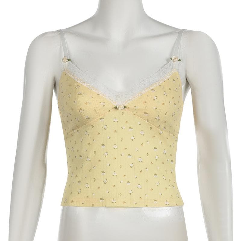 Flower applique v neck print lace hem textured cami top