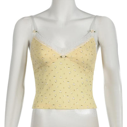 Flower applique v neck print lace hem textured cami top