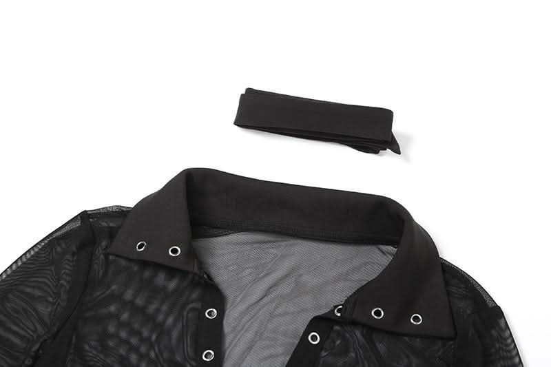 Turnover collar long sleeve mesh self tie top