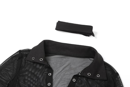 Turnover collar long sleeve mesh self tie top