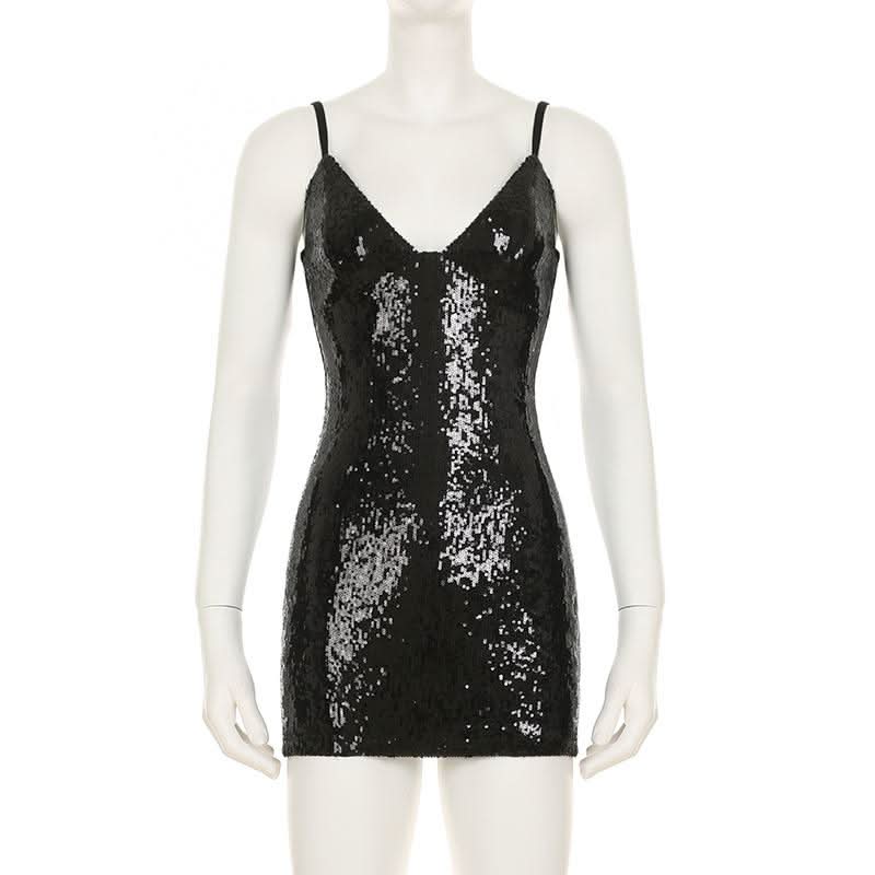 V neck glitter backless cami mini dress