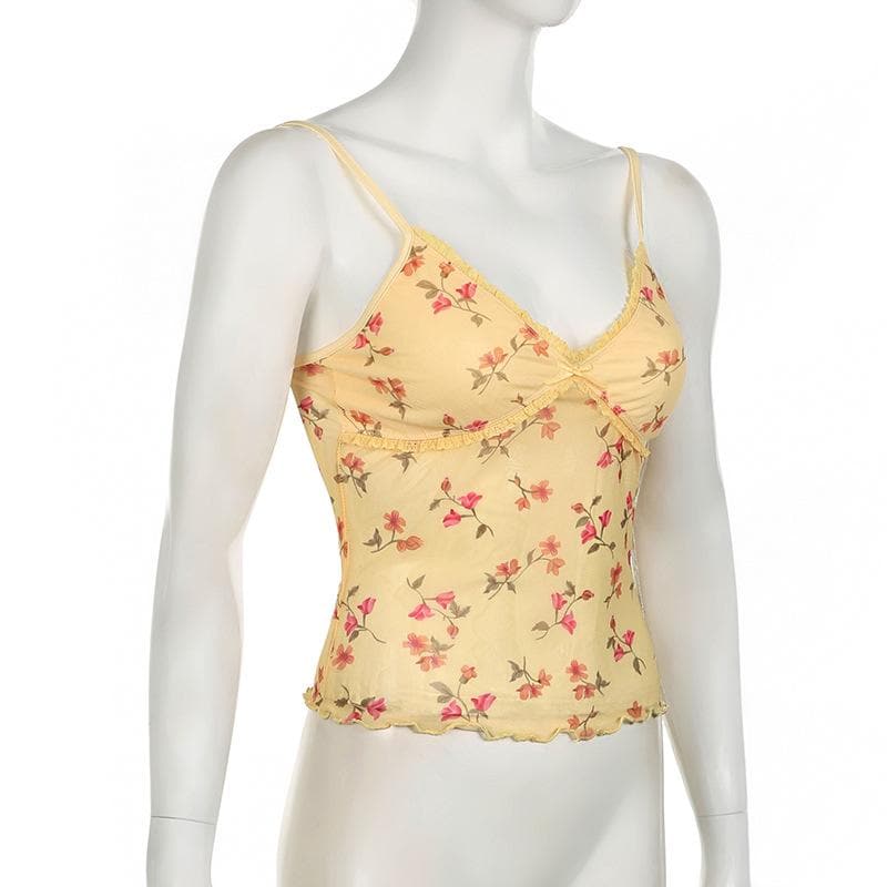 V neck lace hem flower print mesh ruffle cami top