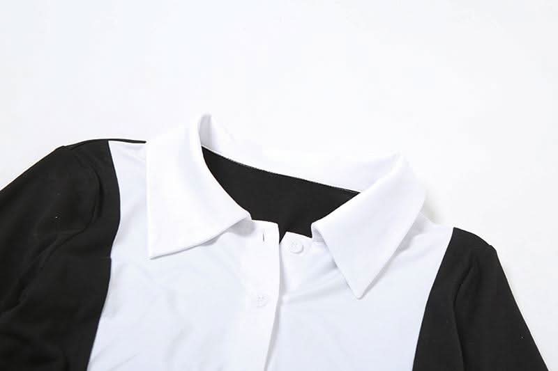 Turnover collar long sleeve button patchwork belt top