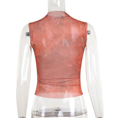 Sheer mesh beaded print crewneck sleeveless top