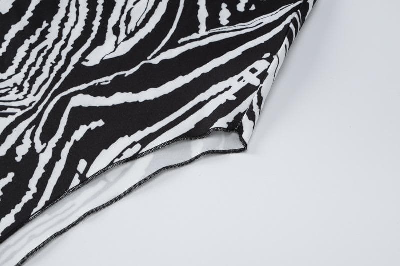 Zebra print contrast irregular slit hollow out backless cut out midi dress