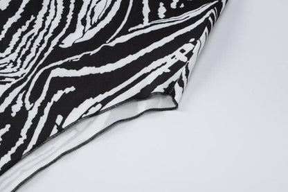 Zebra print contrast irregular slit hollow out backless cut out midi dress