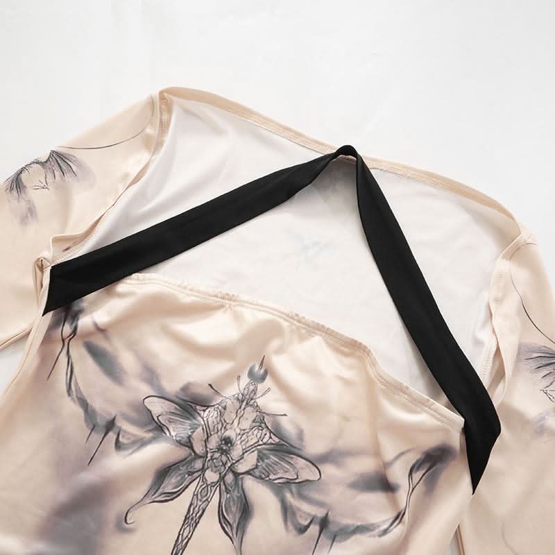 Halter long flared sleeve print hollow out crop cut out top