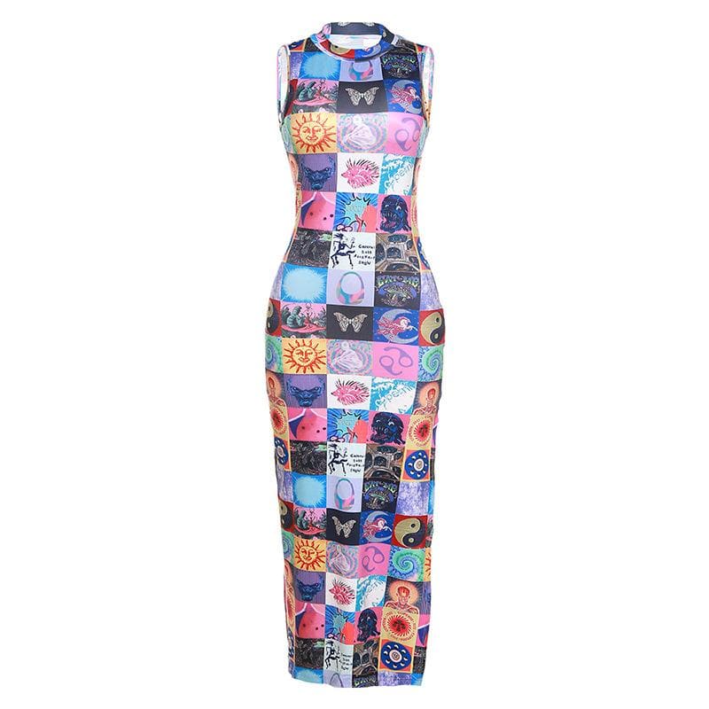 Sleeveless Mock Neck Patchwork Graphic Print Bodycon Maxi Dress