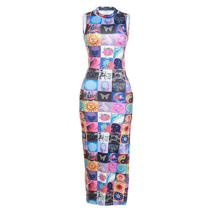 Sleeveless Mock Neck Patchwork Graphic Print Bodycon Maxi Dress