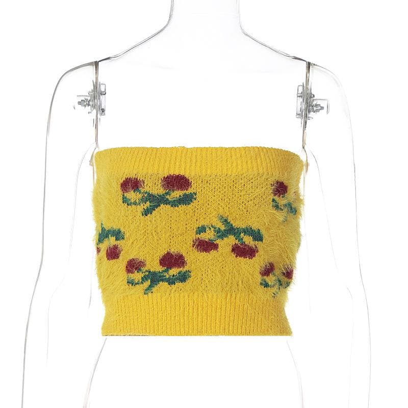 Knitted fluffy cherry print tube top