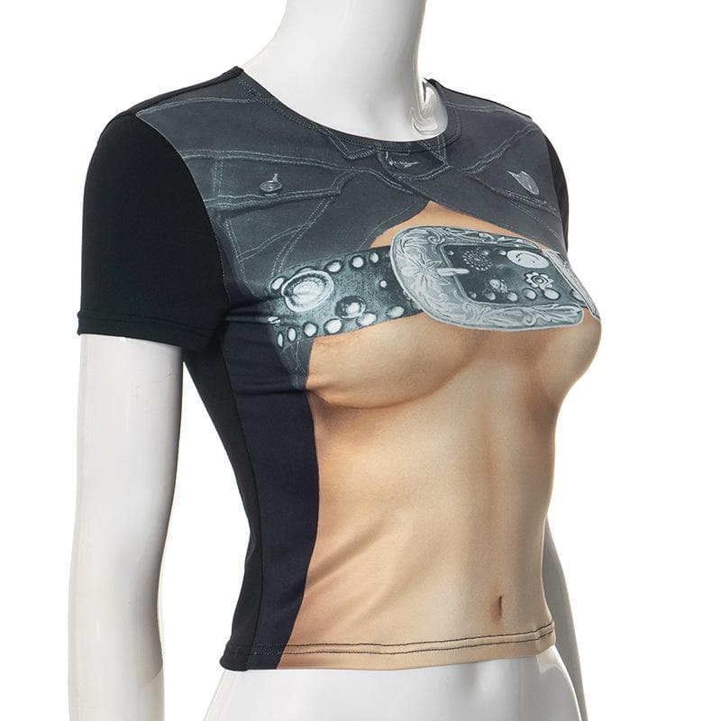 Short sleeve body print crewneck contrast top