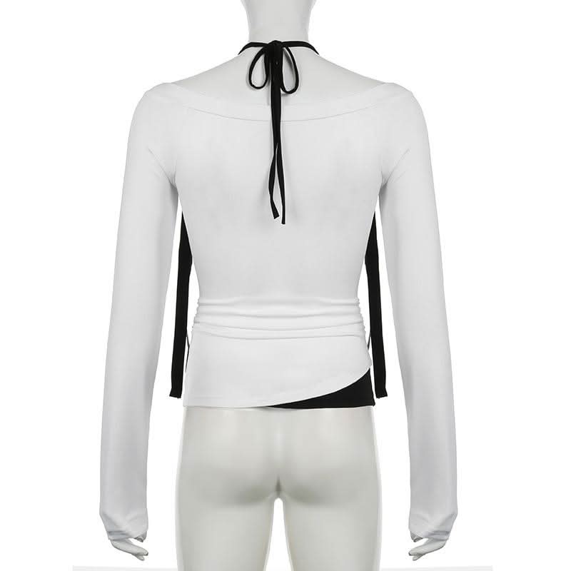 Halter v neck long sleeve bowknot top