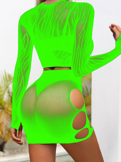 Long sleeve zebra sheer mesh mini skirt set