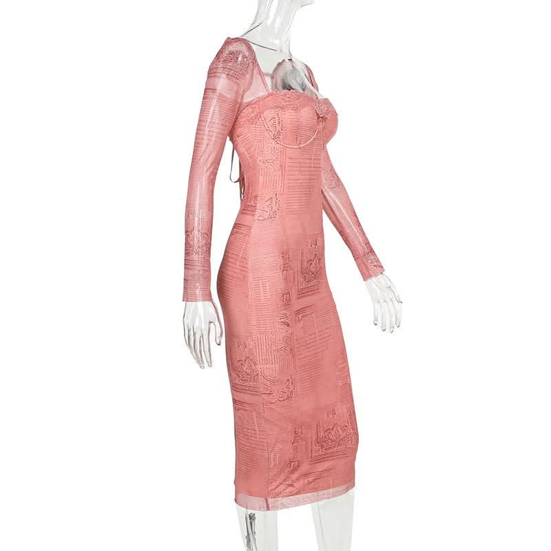 Long sleeve lace hem square neck print midi dress