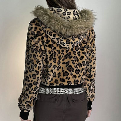 Long sleeve hoodie fluffy zip-up leopard print top