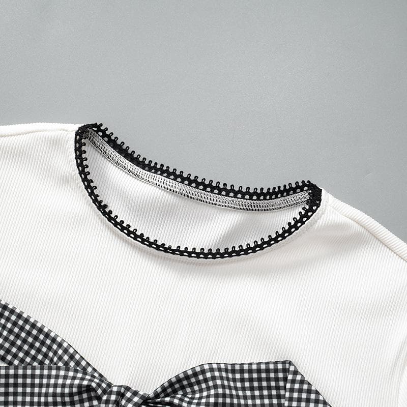 Crew neck short sleeve lace hem bowknot top