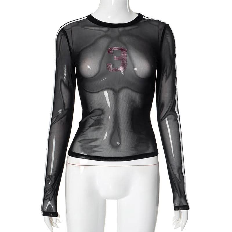 Long sleeve crewneck mesh beaded top