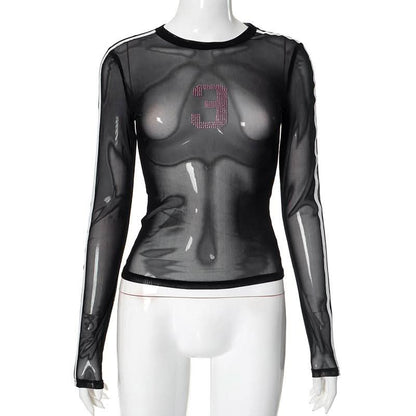 Long sleeve crewneck mesh beaded top