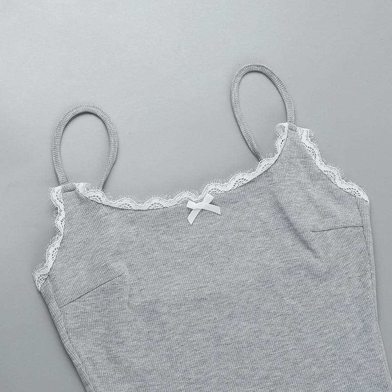 Bowknot lace hem ribbed cami romper