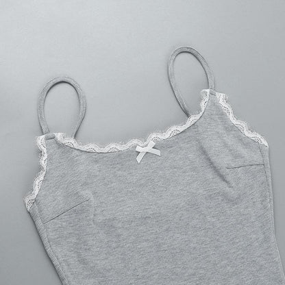 Bowknot lace hem ribbed cami romper