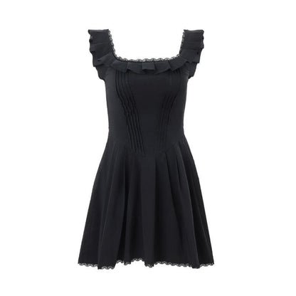 Cap sleeve square neck ruffle pleated solid zip-up mini dress