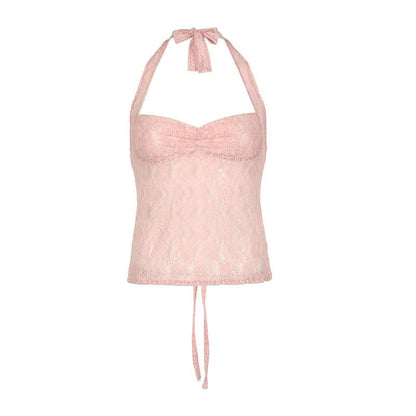 Halter lace see through ruched top