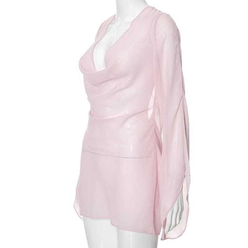 Cowl neck long sleeve backless chiffon mini dress