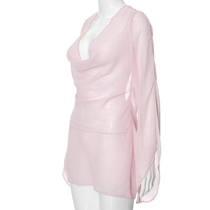 Cowl neck long sleeve backless chiffon mini dress