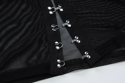 Halter long sleeve mesh lace hem button top