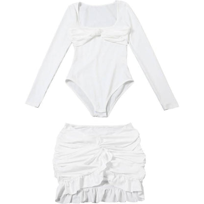 Long sleeve u neck ruched ruffle mini skirt set