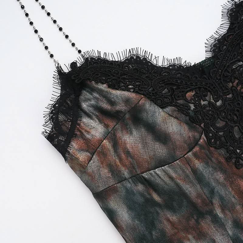 V neck contrast mesh beaded cami maxi dress