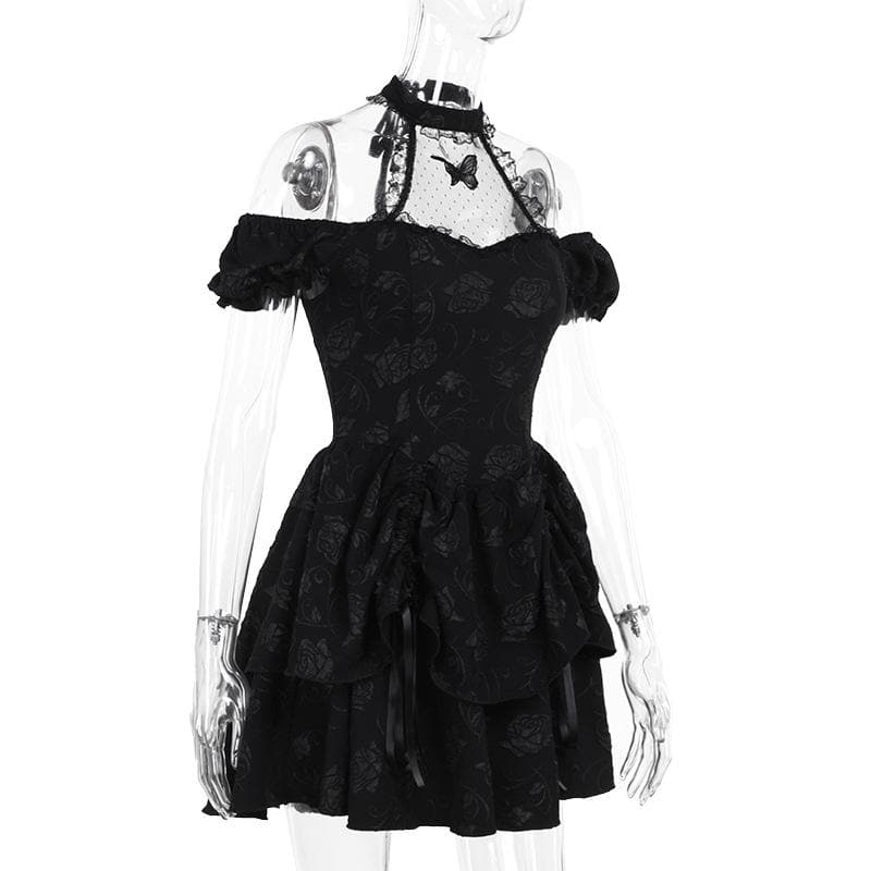 Short sleeve halter off shoulder butterfly flower pattern lace mini dress