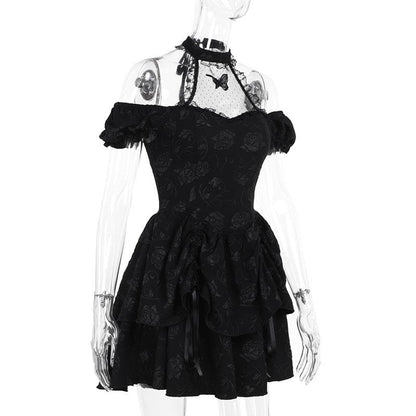 Short sleeve halter off shoulder butterfly flower pattern lace mini dress