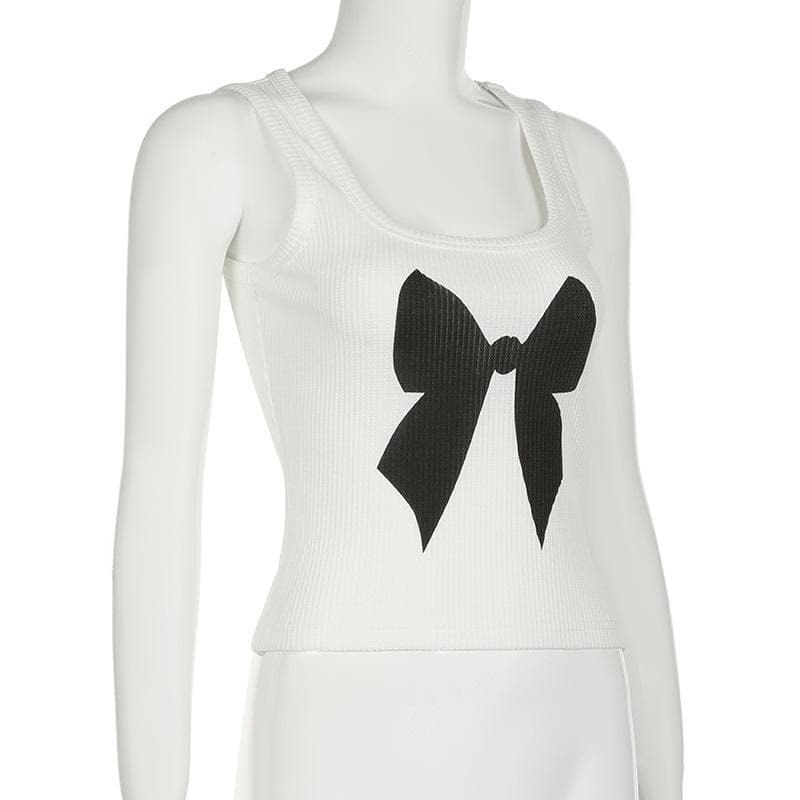 Square neck bowknot pattern ribbed tank top