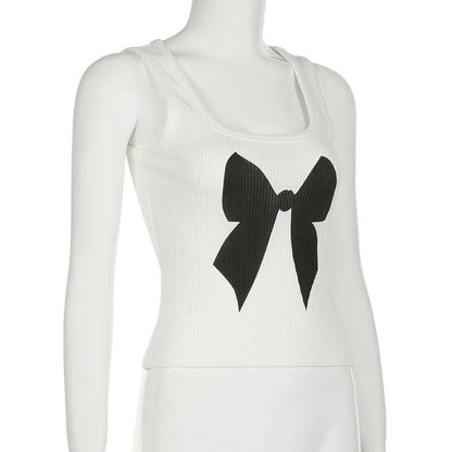 Square neck bowknot pattern ribbed tank top