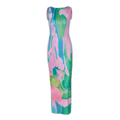 Sleeveless print contrast slit backless midi dress