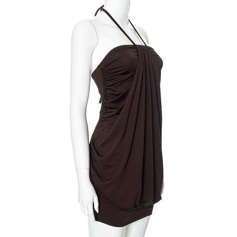 Halter backless ruched solid mini dress