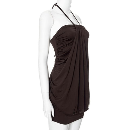 Halter backless ruched solid mini dress