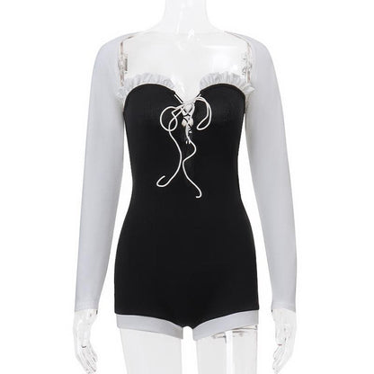 Long sleeve lace up shrug ribbed contrast 2 piece romper
