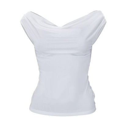 Cowl neck solid cap sleeve backless self tie ruched crop top