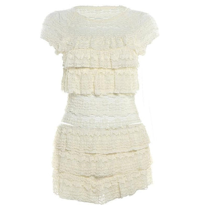 Crewneck cap sleeve textured ruched solid mini skirt set