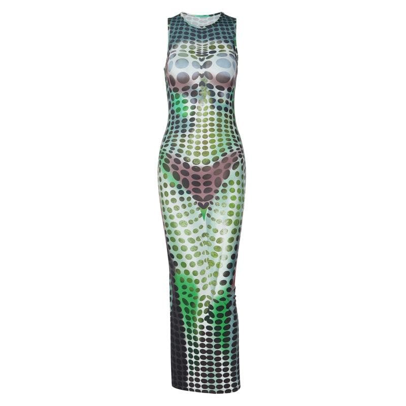 Crewneck Trompe Loeil Body Print Contrast Sleeveless Maxi Dress