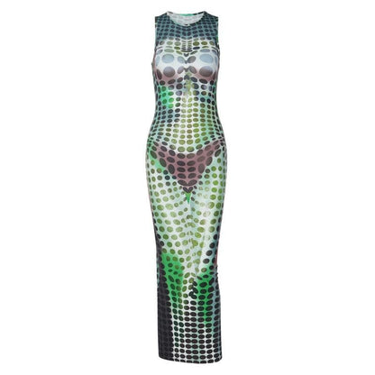 Crewneck Trompe Loeil Body Print Contrast Sleeveless Maxi Dress