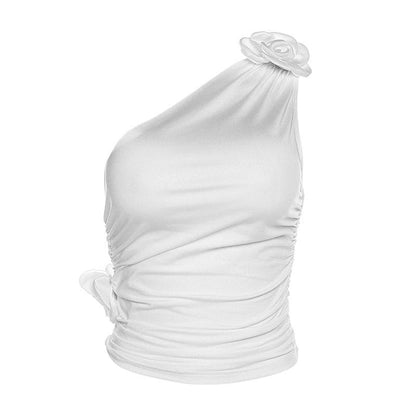 Flower applique one shoulder solid backless ruched irregular crop top