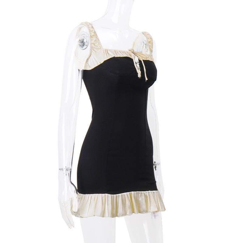 Off Shoulder Contrast Ruffle Trim Daisy Button Bodycon Mini Dress