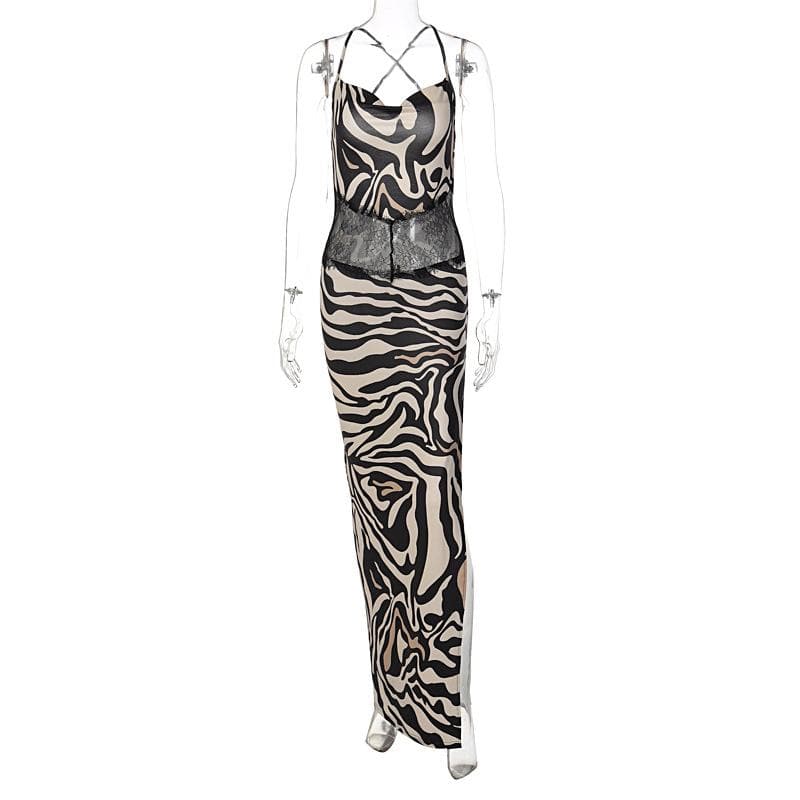 Zebra print hollow out contrast cross back slit backless cut out maxi dress
